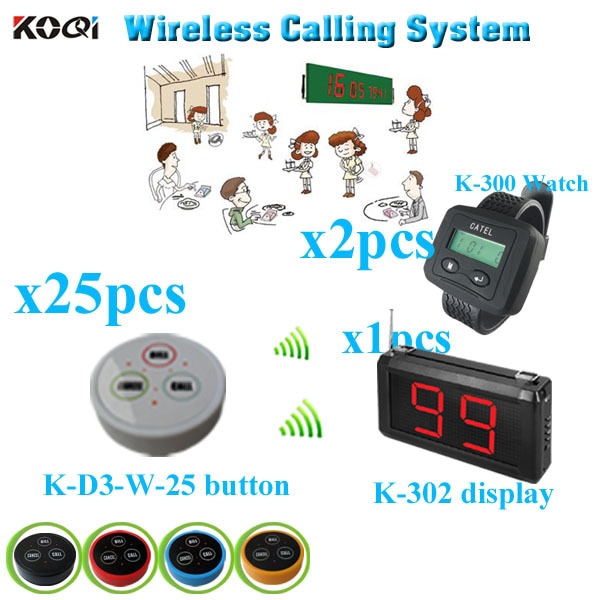 Restaurant Guest Digital Number calling system long range strong signal (1 display receiver+ 2 watch +25 table bell button)