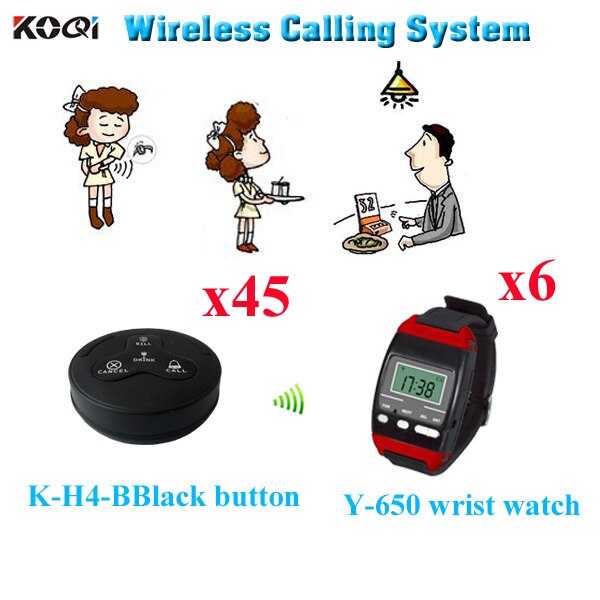Restaurant Waiter Buzzer Systems Fast Food Counter Equipment ( 6pcs wrist watch+ 45pcs call button)