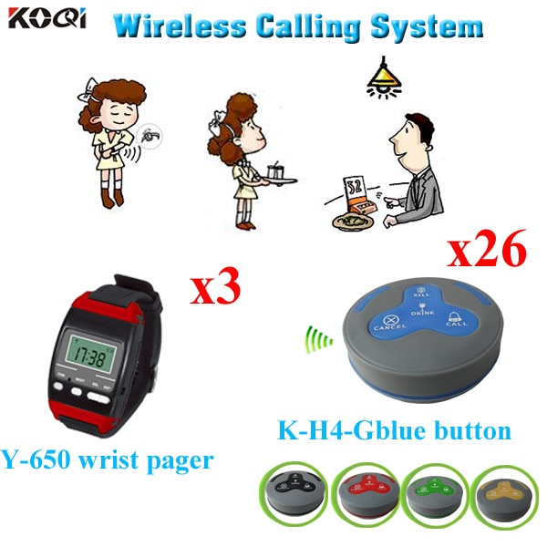 Order System For Restaurant Restaurant Table Bell Bil 3pcs Y-650 Wrist Watch With 26ocs K-H4-Gblue Caller Buzzer
