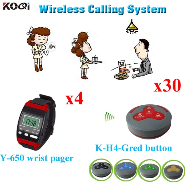Restaurant Waiter Pager System Popular In Restaurant Smart 4pcs Watch Pager Y-650 And 30pcs Call Button K-H4-GRed