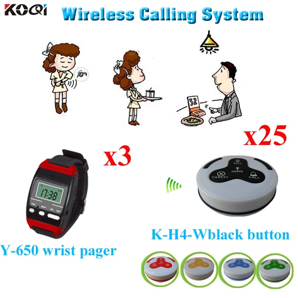 Waiter Server Paging Service System Restaurant Table Calling Waiter Calling Device 3pcs Wrist Pager+25pcs Call Buttons