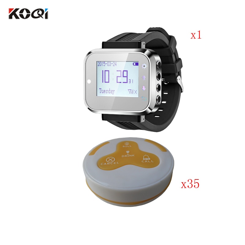 Wireless Cafe Pager System New Arrival Vibrate Watch Pager K-300plus & Small Silicone Key Case Call Button(1 watch+ 35 calle