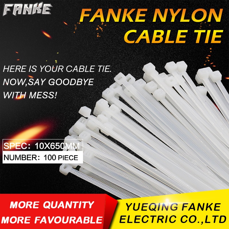 100Pcs/pack 10*650mm high quality Width9.0mm White color National Standard Self-locking Plastic Nylon Cable zip Tie,Wire Zip Tie