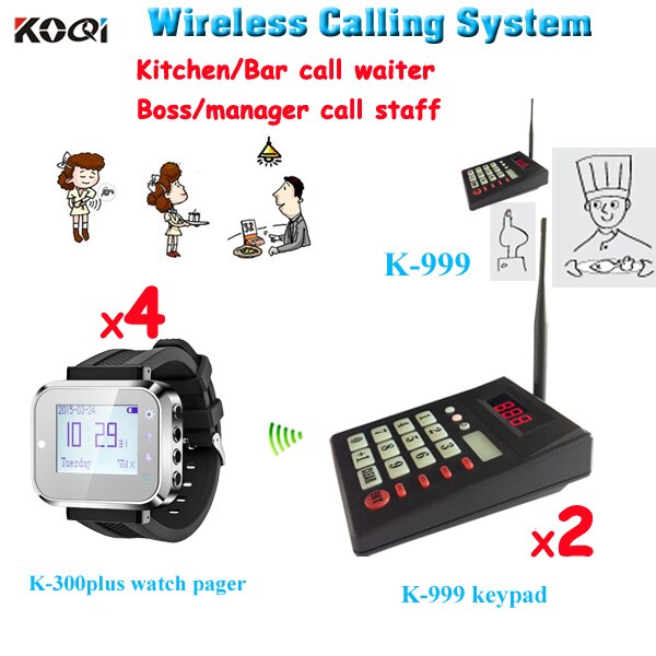 Wireless Queuing System Nice design Top grade Easy Used 2pcs Keypad With 4pcs Watch Receiver Pager