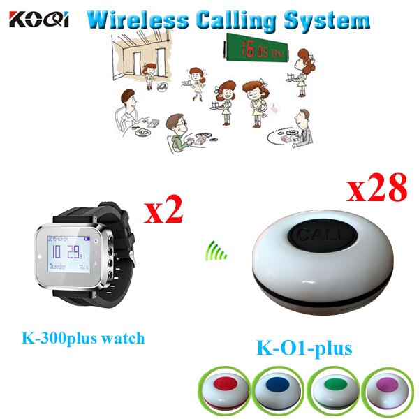 Wireless Paging System For Restaurants Wrist Pager For Bar/Pub/Casino Equipment( 2pcs wrist watch+ 28pcs waterproof call button)
