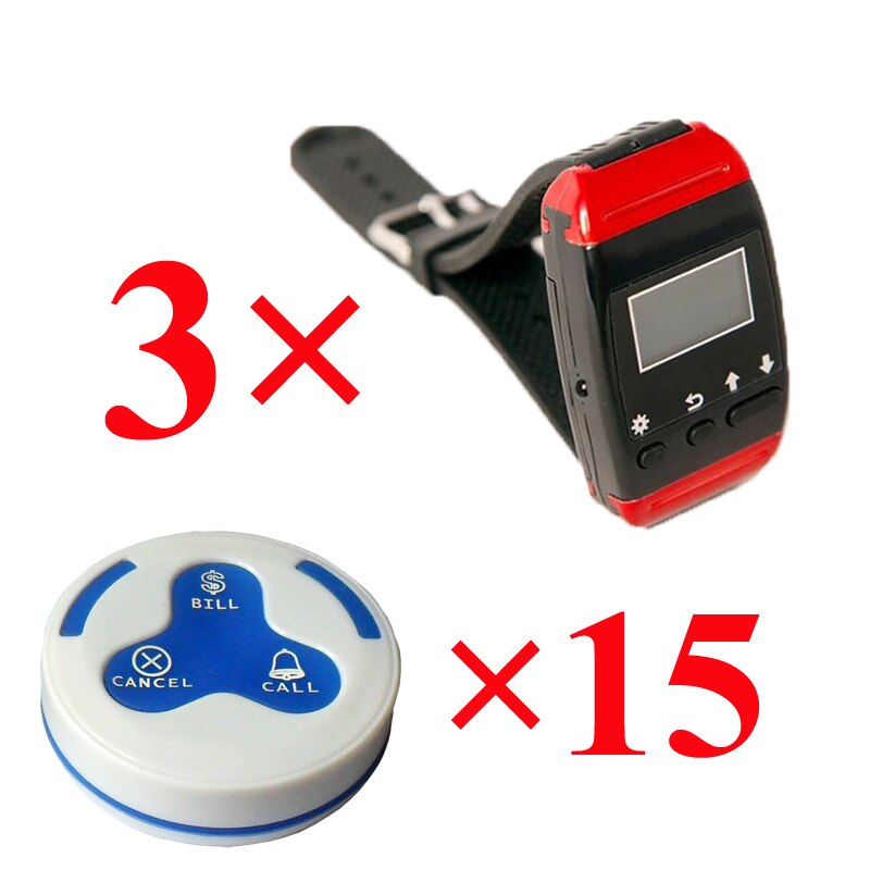 wireless waiter serice calling system for restaurant with 433.92Mhz CE 3 wrist watch + 15 customer call button