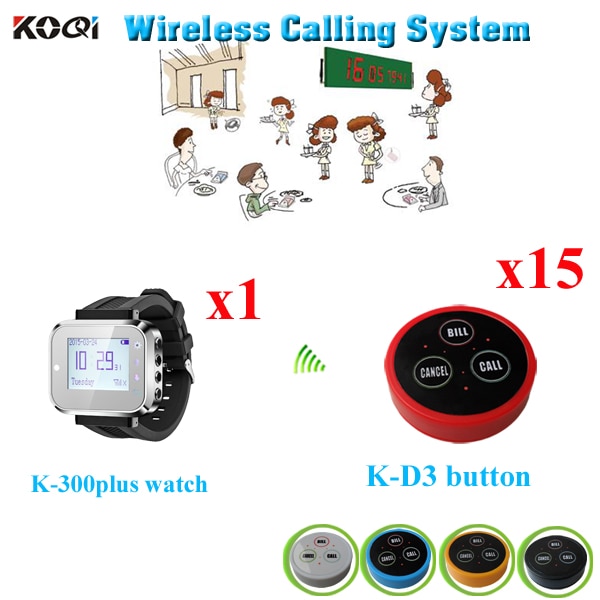 Wrist Watch Pager System Food Service Stand Pager Electronic Remote Control Restaurant Pager ( 1pcs watch + 15pcs call button)