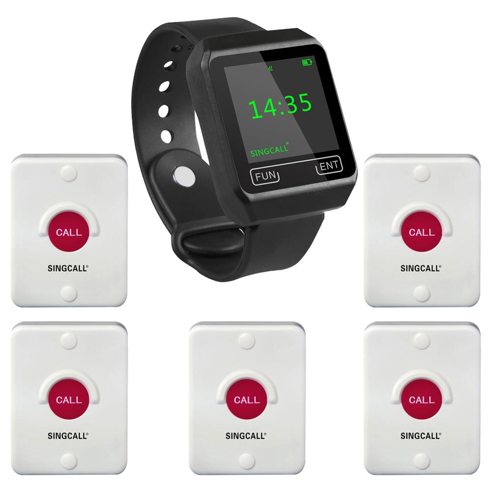 SINGCALL Wireless Service Calling Waiter, Factory Bell System,1 Watch Receiver with 5 Bells for Hospital, Restaurant,Coffee Shop