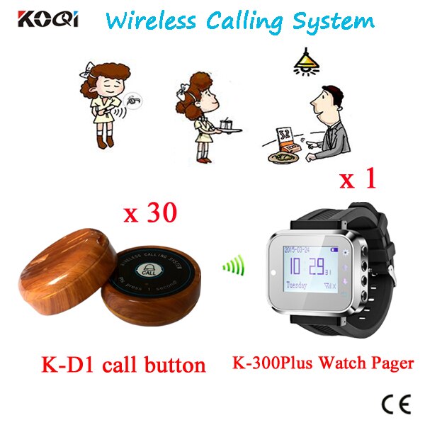 Calling Management System 1 Watch Receiver K-300plus-black With 30 Bells K-D1-Wooden Wireless Waiter Call Restaurant Pager Set