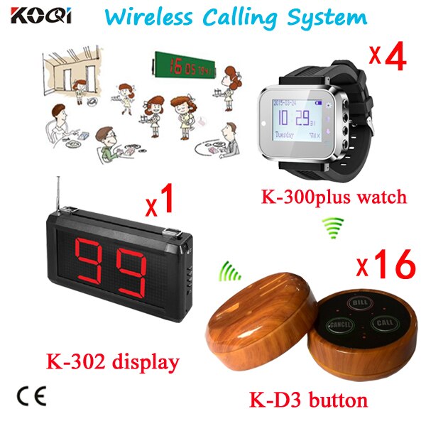 Wireless Calling System For Restaurant Paging Push To Call Button 1 Wall Receiver w 16 Bell Buttons And 4pcs Wrist Watch Pager