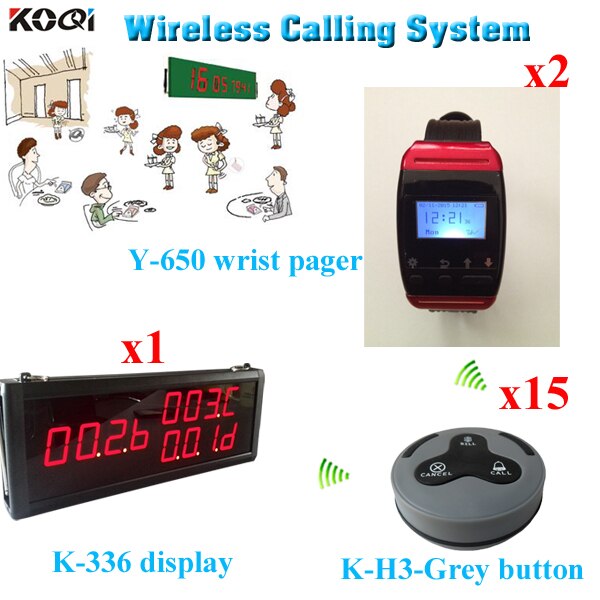Restaurant Table Caller System; 15pcs Waterproof Service Button + 2pcs Watch Pager + 1pc 3-digit Monitor