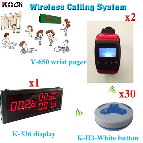 NEWEST Waitress Calling System; 30pcs Waterproof Table Button + 2pcs Wrist Pager + 1pcs 3-digit LED Display Receiver