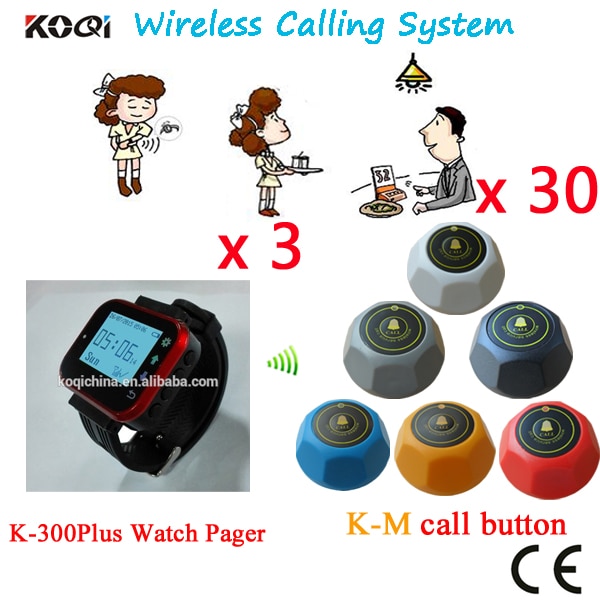 Wireless Alarm System 2016 Newest Table Ordering Buzzer Service Wireless Sound Restaurant Equipment(3 watch+30 call button)