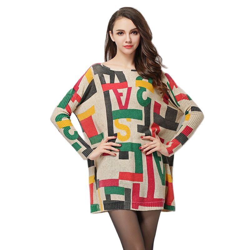 XIKOI Oversize Sweaters Women Fashion Casual Pullover Batwing Sleeve Multicolour Pattern Print Slash Neck Knitted Pullovers