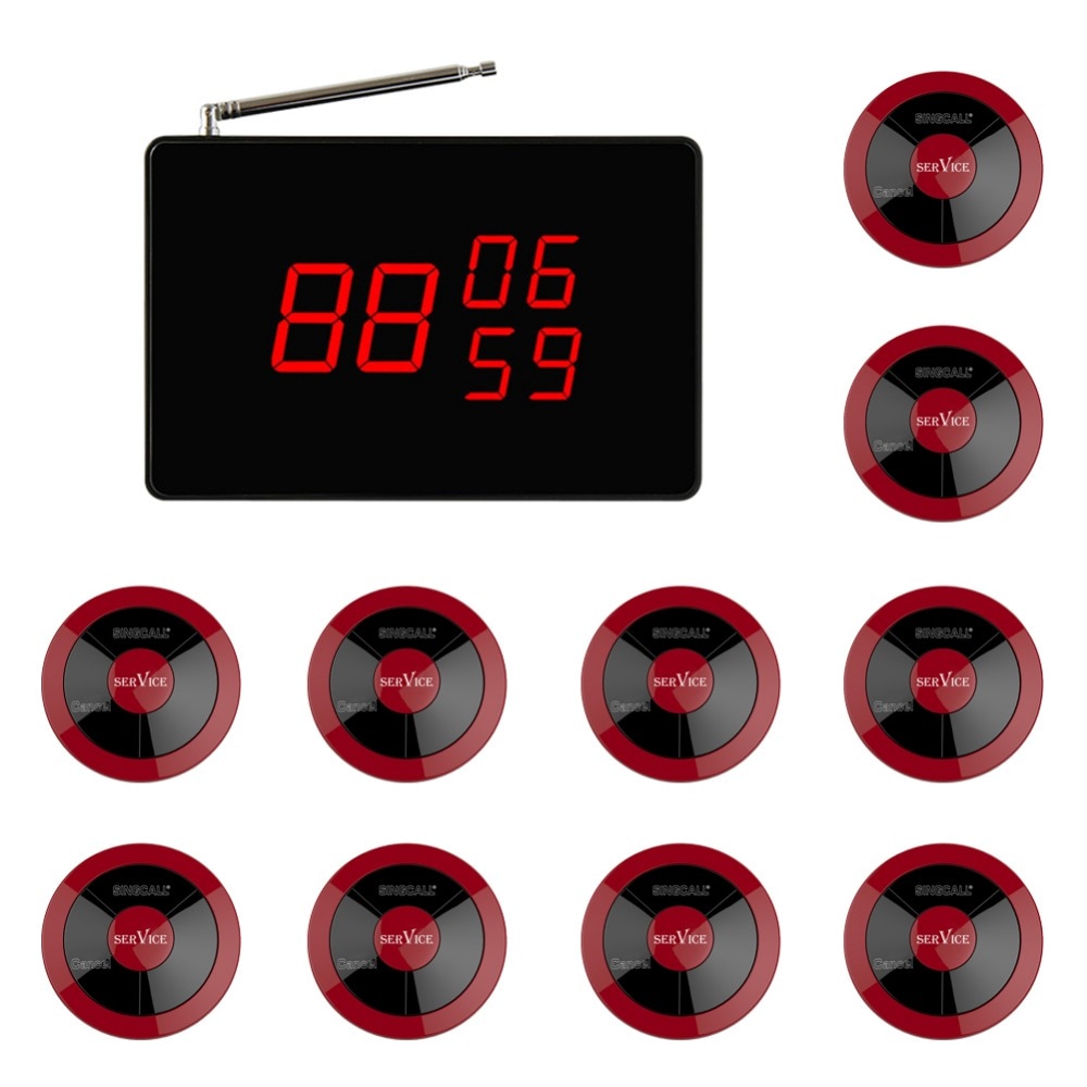 SINGCALL Wireless Calling System, Pack of 1 Display Receiver and 10 APE320 Red Waterproof Pagers,For Hookah Service Tables