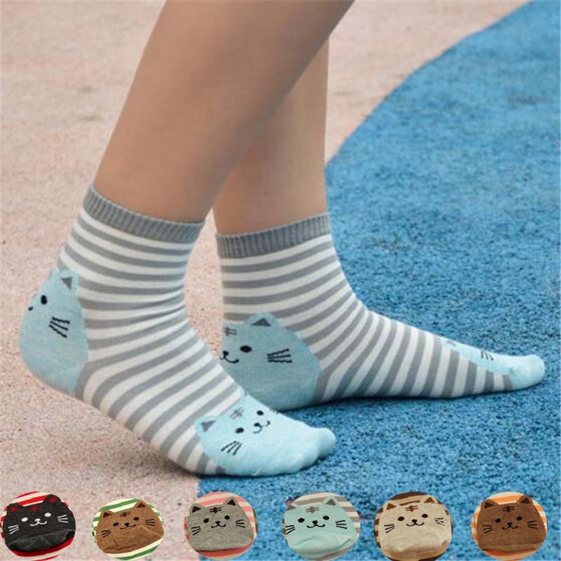 Women Cartoon Striped Socks Autumn Winter Colorful Kawaii Cat Face Sock Ladies Female Cotton Fun Animal Socks For Woman