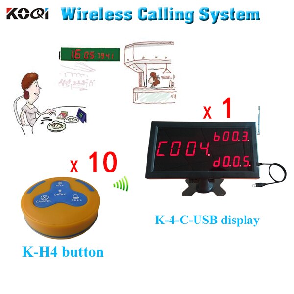 Wireless call bell system,waiter call system,call button,for welfare house including 10 pcs table buzzer and 1 pc K-4-C-USB
