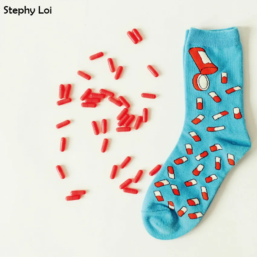 Cute Men/Women Cotton Crew Socks Funny Pill Pattern Novelty Couple Art Harajuku Hip Hop Skate Designer Brand Fuzzy Funky Gift