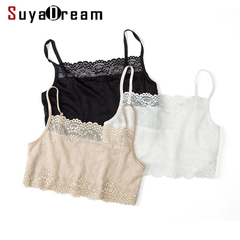 SuyaDream Women Tube Top 100% Natural Silk and Lace Bandeau Adjustable Shoulder tape New Healthy Underwear Beige Black White
