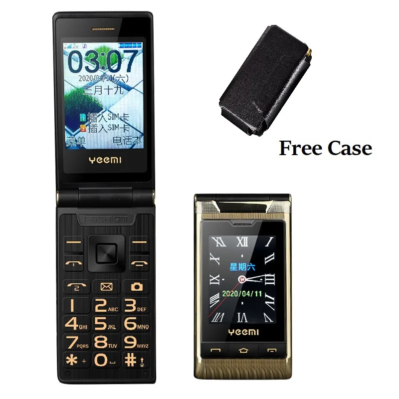 Two Screen 2.8" Display Dual Answer Blacklist Quick Dial SOS Call Large Key Flashlight Flip Mobile Phone Free Case
