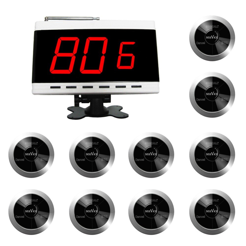SINGCALL Wireless Call Service ,1 White Fixed Display and 10 Multi-Button Pagers for Catering and Service, Remote Call Button