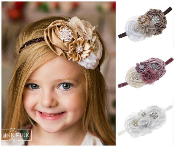 Vintage Princess Baby Girls Satin Rose Flower Shining Button Headband Gift Party Kids Floral Headwear Children Hair Bow Hairpin