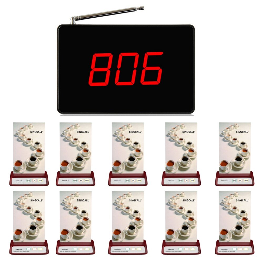 SINGCALL Wireless Restaurant Calling System, Wireless Waiter System,1 Fixed Table Small Receiver and 10 Red Call Pagers