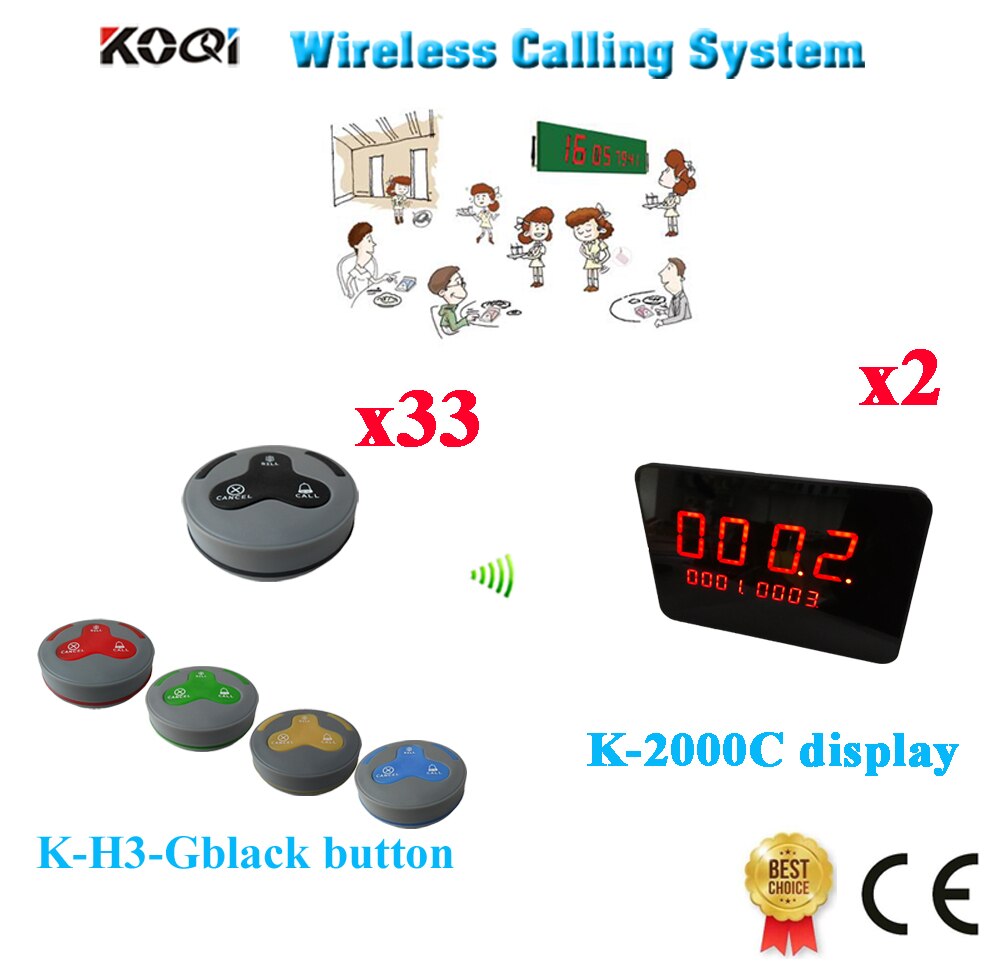 Wireless Buzzer Bell System Restaurant Calling Button Buzzer Paging 433.92MHZ Waiter Nurse Call(2 display+33 call button)
