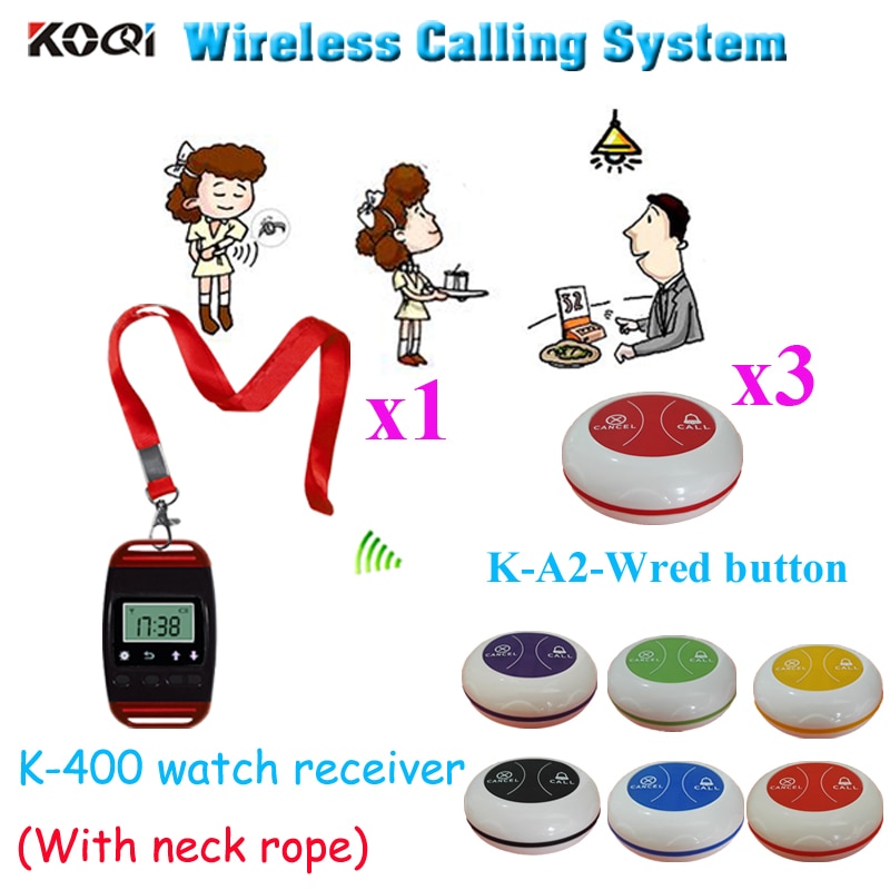 Wireless Waiter Pager System Beautiful Best Design With The Neck Rope Watch Pager & Call Button( 1pcs watch & 3pcs call 