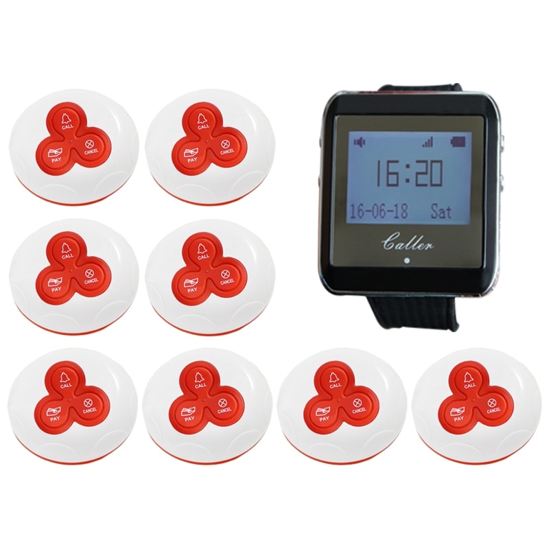 1 Watch Pager Receiver+8 Call Button 433MHz Wireless Restaurant Calling System Nurse Waiter Call Pager System