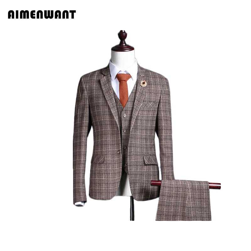 AIMENWANT 2017 Men's Clothing Sets British Slim Tailor Made Grid Designer Suit Businessman Brown Blazer Mens Perform Suits 