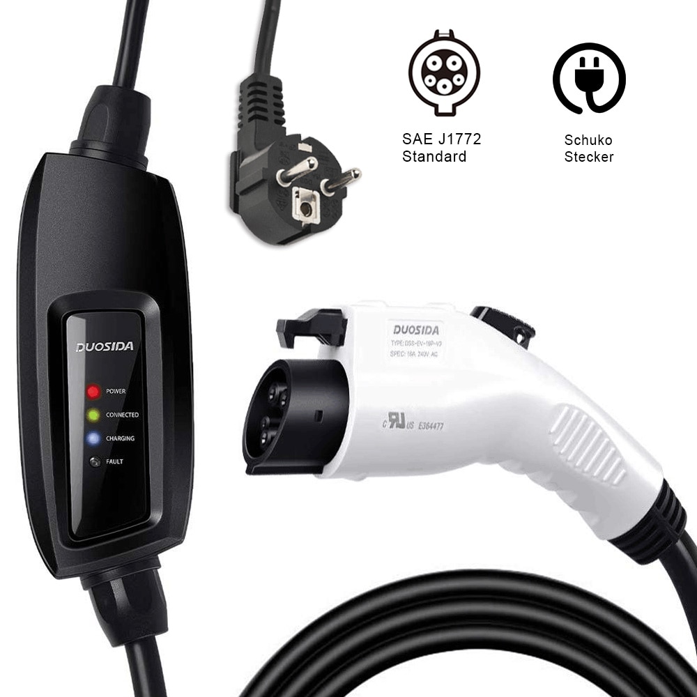 16A Duosida Ev Charger J1772 Type 1 2 EVSE Portable Electric Car Charger Level 2 Vehicle Charging Equipment Schuko 5 6 10 Meters