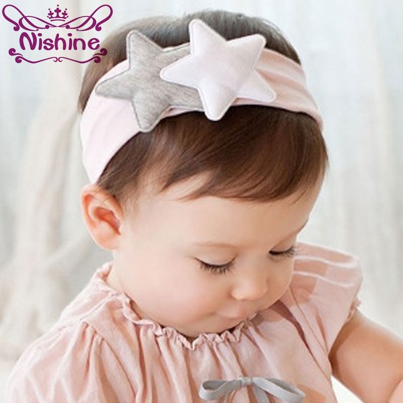 Nishine New Kids Wide Hair Band with Lovely 2 Big Star Decoration Baby Girls Cotton Blend Elastic Headband Headwraps