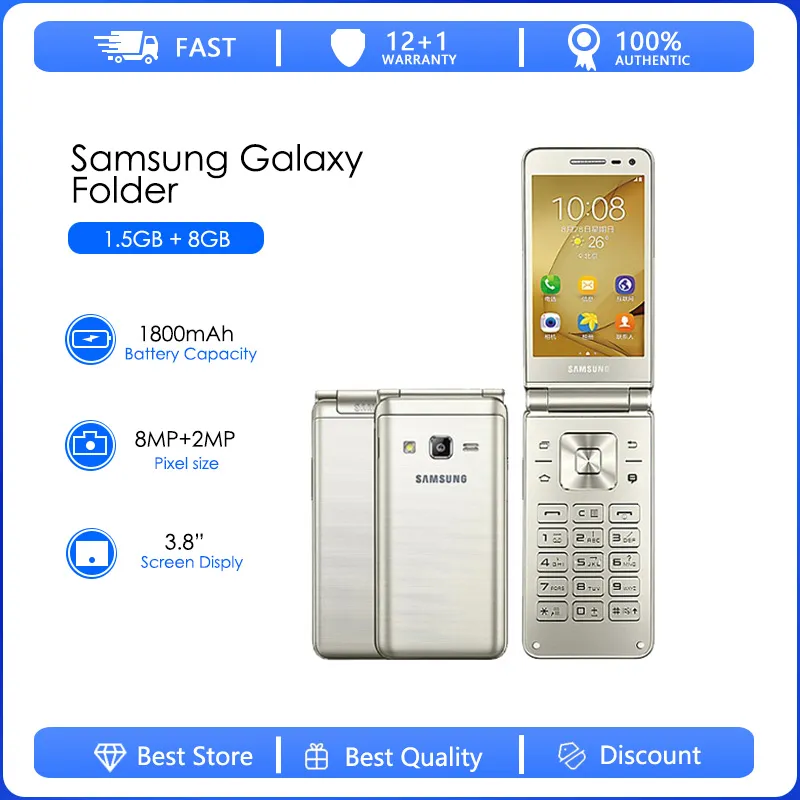 Samsung Galaxy Folder G1600 2016 Refurbished-Original Dual SIM Quad Core 2GB 16GB ROM 8.0MP 3.8" Android 6.0 Flip Smartphon