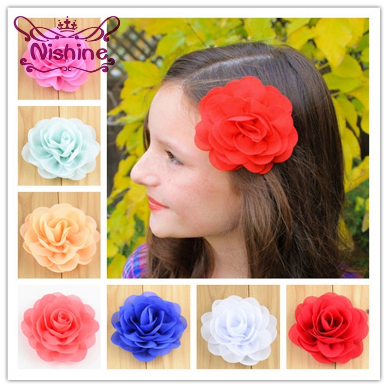 Nishine 20pcs/lot 3" Chiffon Fabric Flower Hair Clips Rolled Rose Hairpins For Baby Girls Headwear Children Hair Accessorie