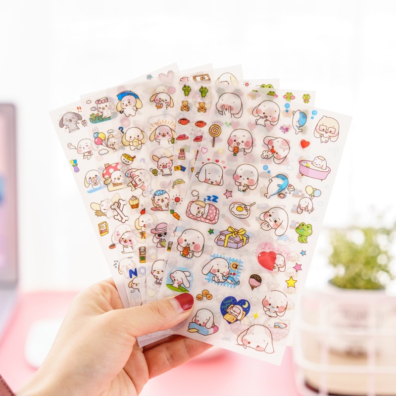 6 pcs/set Big Ears Happy Dogs Stickers Diary Sticker Scrapbook Decoration PVC Stationery Stickers
