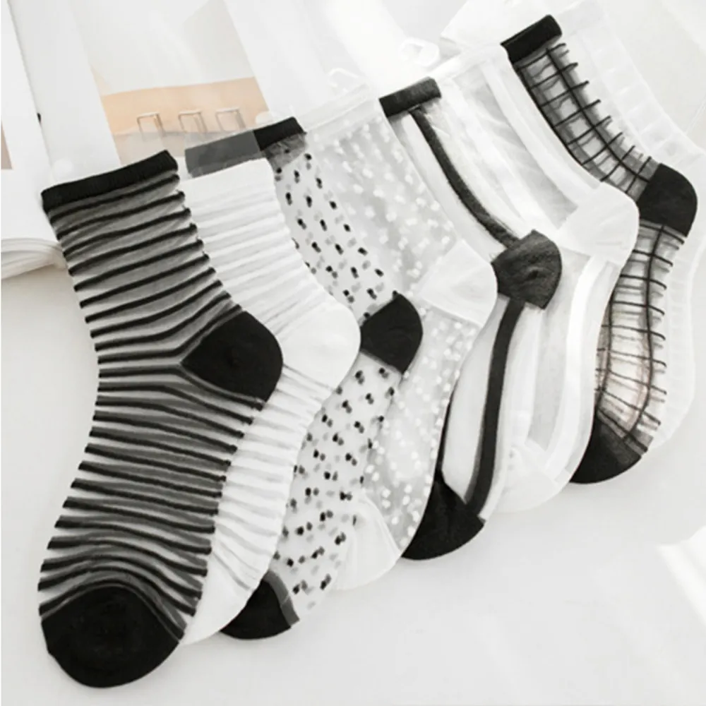 Sexy Lace Mesh Fishnet Socks Mixed Fiber Transparent Stretch Elasticity Ankle Net Yarn Thin Women Cool Socks 1pair=2pcs ws403