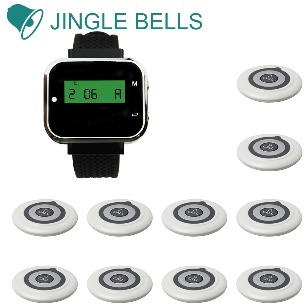 JINGLE BELLS Wireless Restaurant Calling System 10 Transmitters Buzzer 1 Watch Pager Guest Waiter Customer Call System