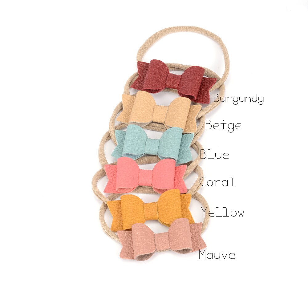 24Pcs/Lot Nude Nylon Baby Headband Matching 2.5inch Faux Leather Bow Infant Hair Accessories