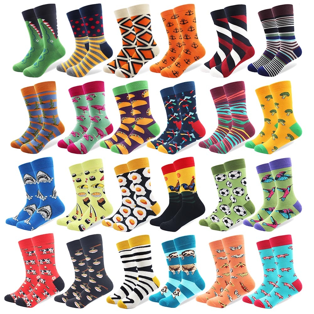 10 Pairs/Lot Men's Funny Colorful Combed Cotton Happy Socks Multi Pattern Animal Stripe Cartoon Dot Novelty Skateboard Art 