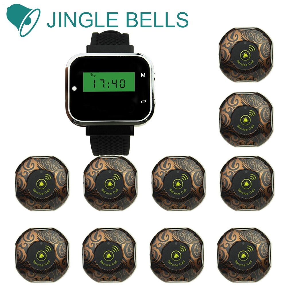 JINGLE BELLS 10 call buttons 1 watch pager restaurant waiter guest pager wireless paging calling system call pager call bells