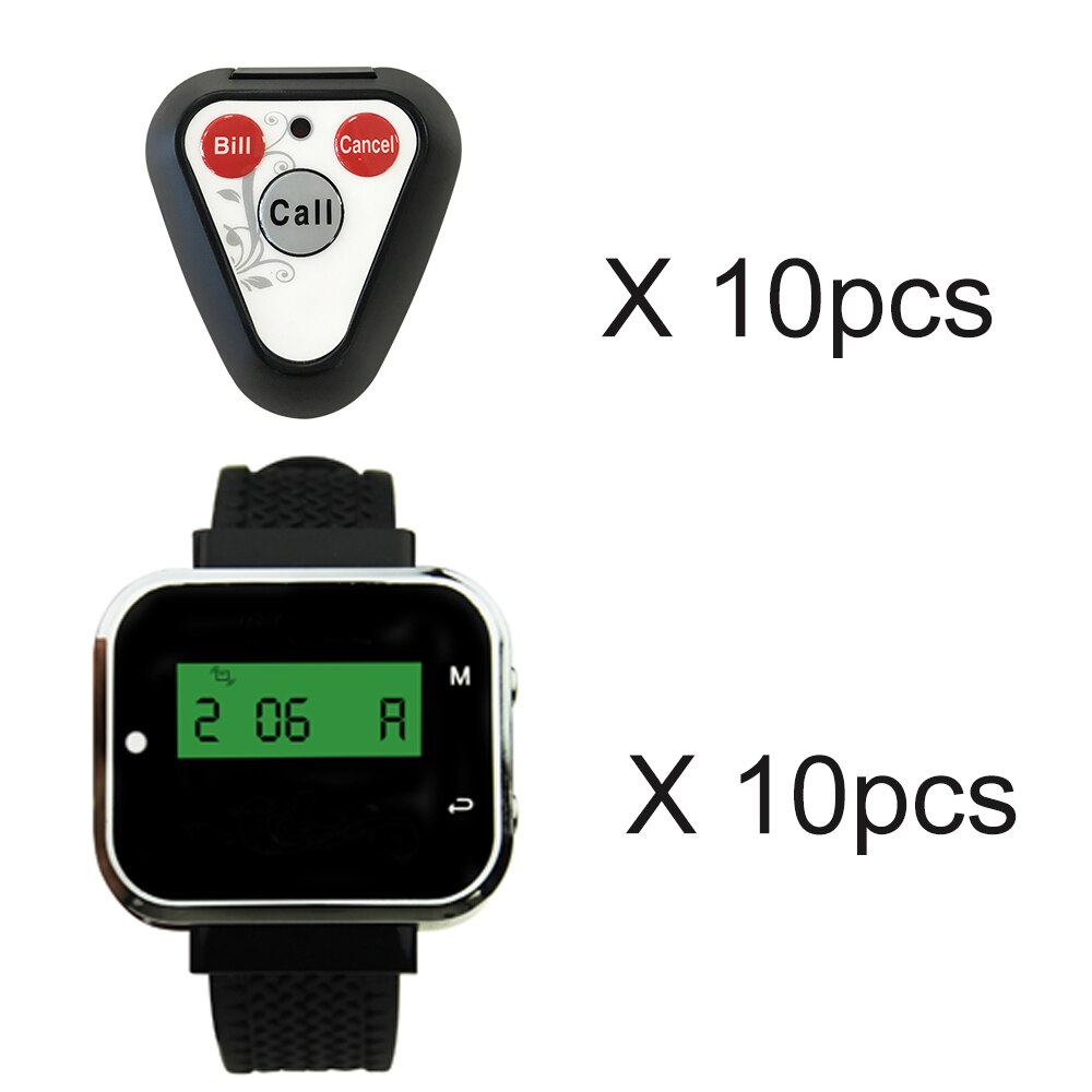 JINGLE BELLS 10 watch pager receiver 10 transmitter call buttons Wireless Calling Paging System Restaurant cafe hotel office