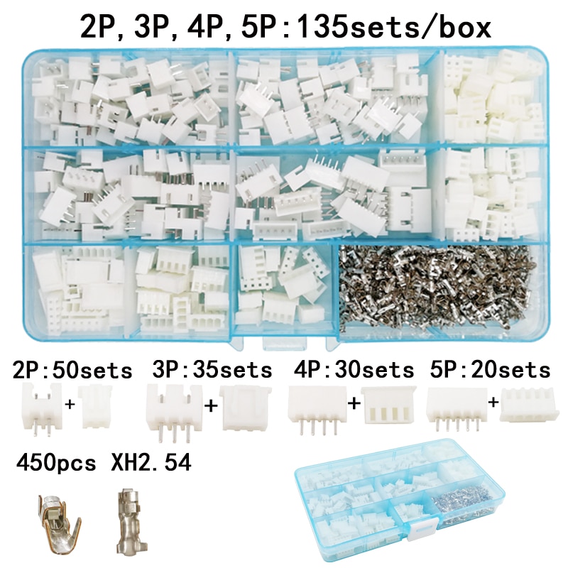 135sets/box suit 2p 3P 4P 5P pin 2.54mm XH2.54 connector plug + straight needle + terminal socket Header wire Adaptor connectors