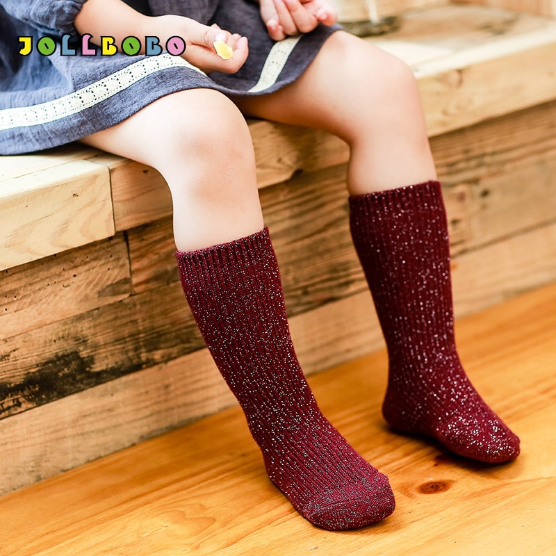 Autumn Winter Vintage Glitter Girls Socks for Kids 3-11Y Solid Children's Cotton Warm Shining Mid Calf Socks School 7 Color