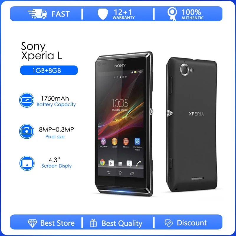 Original Unlocked Sony Xperia L C2105 3G Single Sim 1GB RAM+8GB Dual-core 8MP 4.3'' 1750mAh Android 4.1 NFC FM radio S