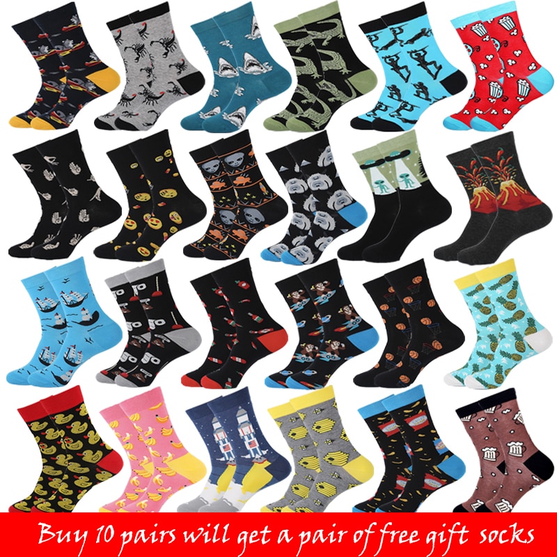 2022 New Cotton Men's Socks Harajuku Happy Hip Hop Colorful Funny Poop Dinosaur Sushi Alien Avocado Dress Socks Christmas G