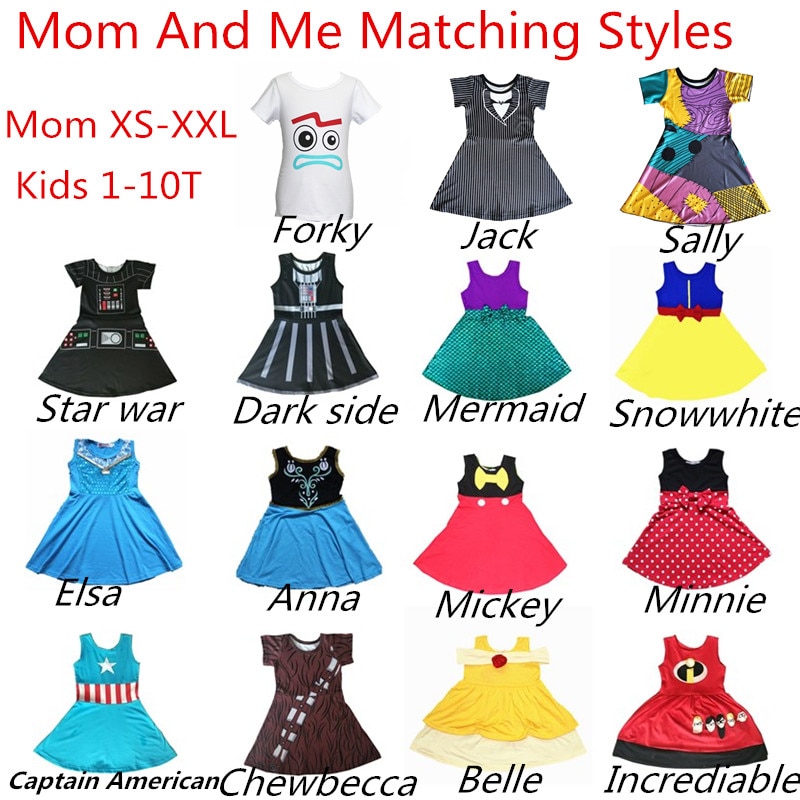 Mum and Me Princess Dress Jack Sally Halloween Minnie Family Matching Cosply Costume Girl Mermaid Elsa Anna Christmas Buzz Dress