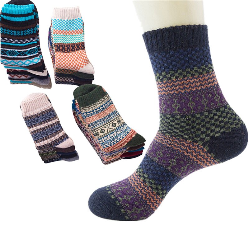 5 Pairs Funny Colorful Men Socks Vintage Striped Totem Teenager Wool Blend Warm Winter Socks Men's Suit Business Socks Chri
