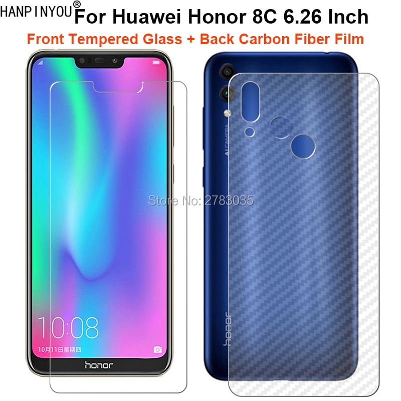 For Huawei Honor 8C 6.26" 1 Set = Soft Back Carbon Fiber Film + Ultra Thin Clear Premium Tempered Glass Front Screen Protec
