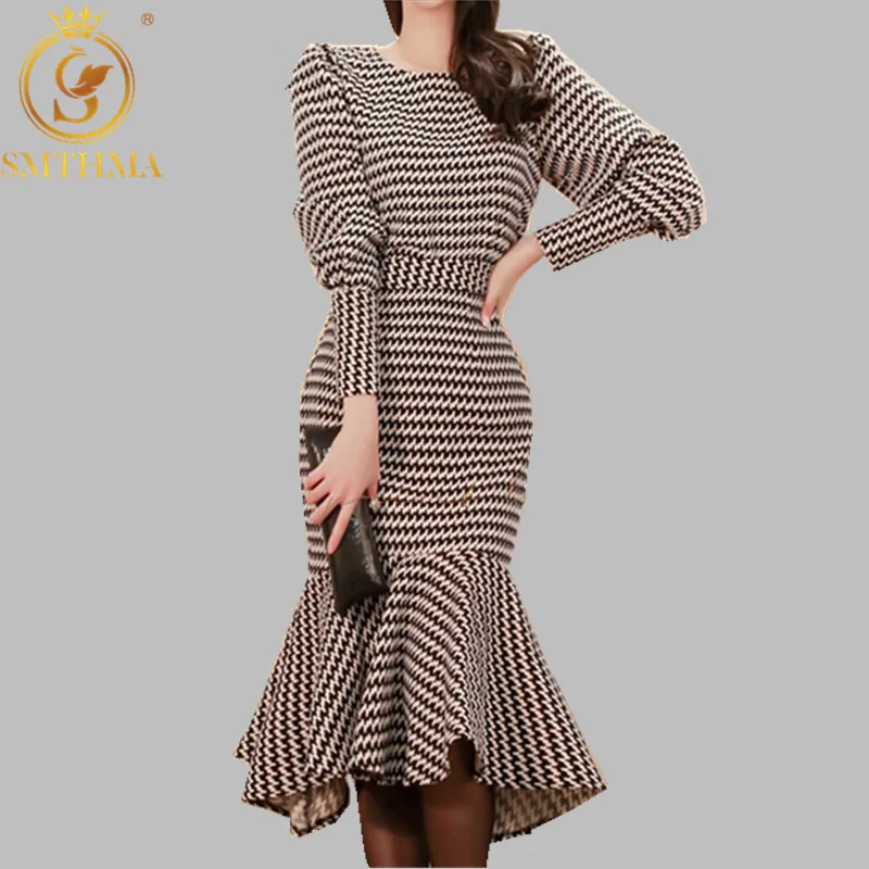 SMTHMA New Spring Two-Piece Skirt Sets Korean Temperament Slim Houndstooth Top+ Sexy Trumpet Mermaid Skirt Suit